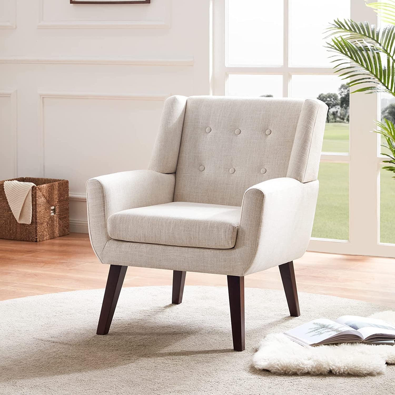 Wide Lounge Chair With Tufted Button in Wooden Legs