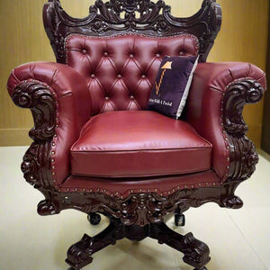 Royal Twist Design Hand Carved Teak Wood Adjustable Height 360D Swivel Button Tufted Office Armrest Chair