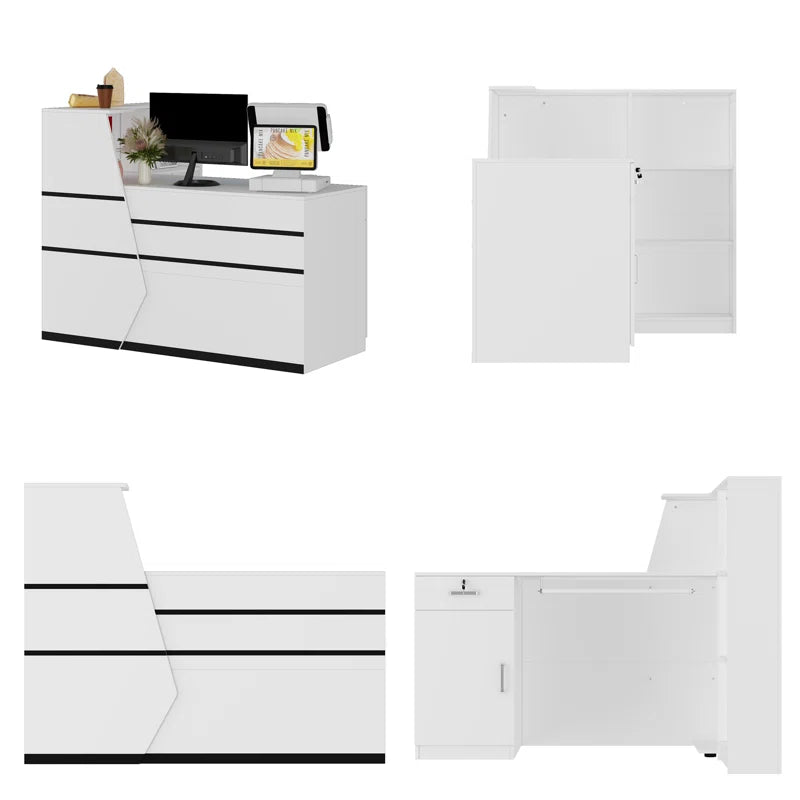 Reception Table Office Stylish and Functional for L Shape Front Counter Desk Made in Particle Board with Keyboard Tray and Drawers, Openable Shutter- White Color