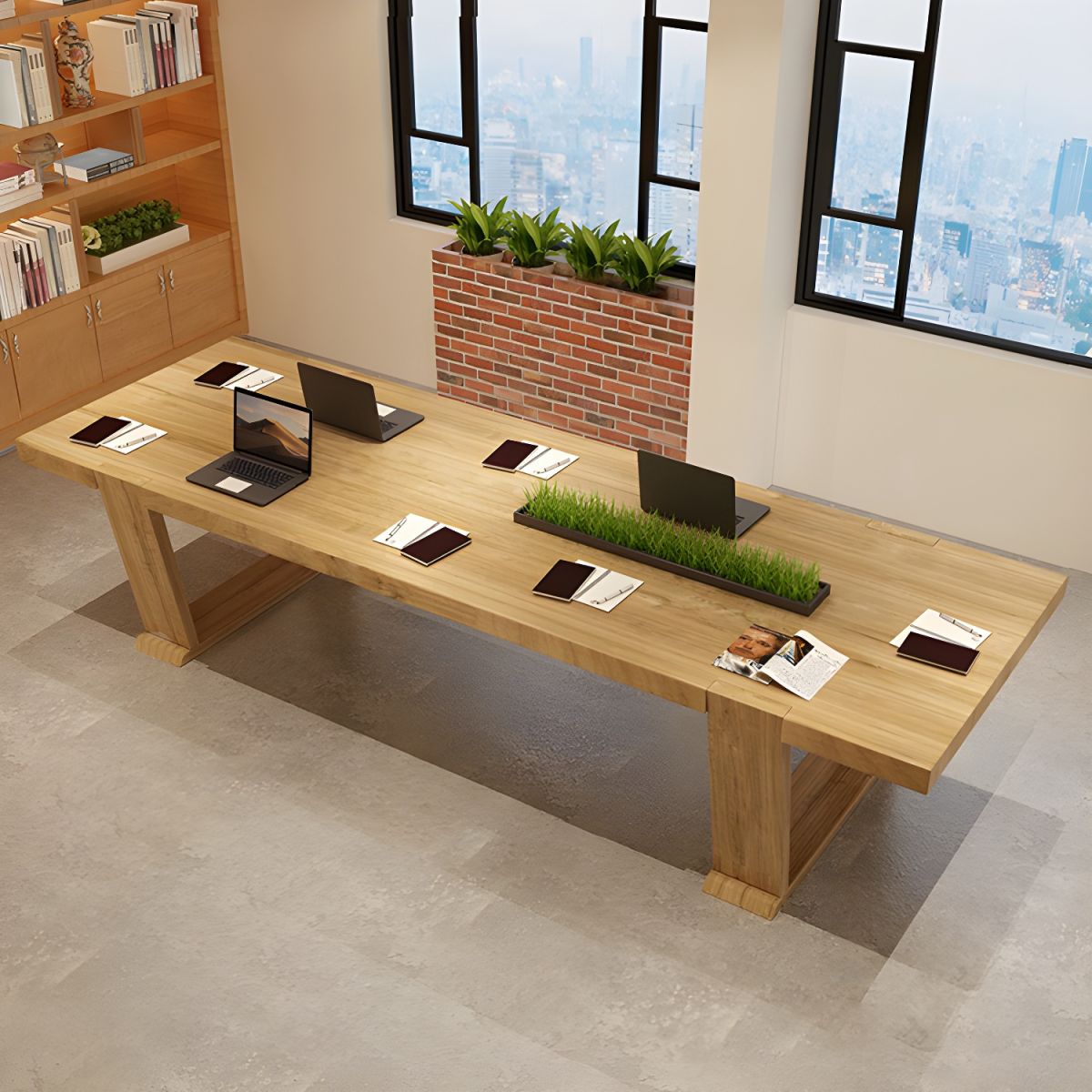 Conference Solid Wood Meeting Table Modern Rectangular Office Table made in Solid Wood with Wooden Natural Polish ( 7.2x2.6 Ft.)