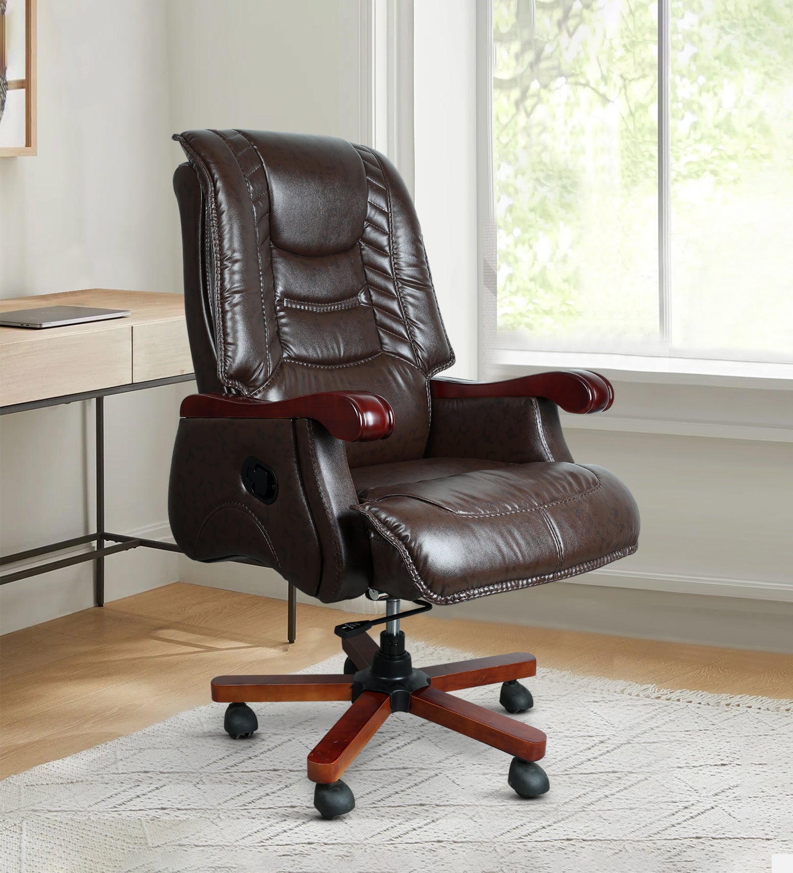 High Back Director Chair with Height Adjustable Wooden Base, Brown