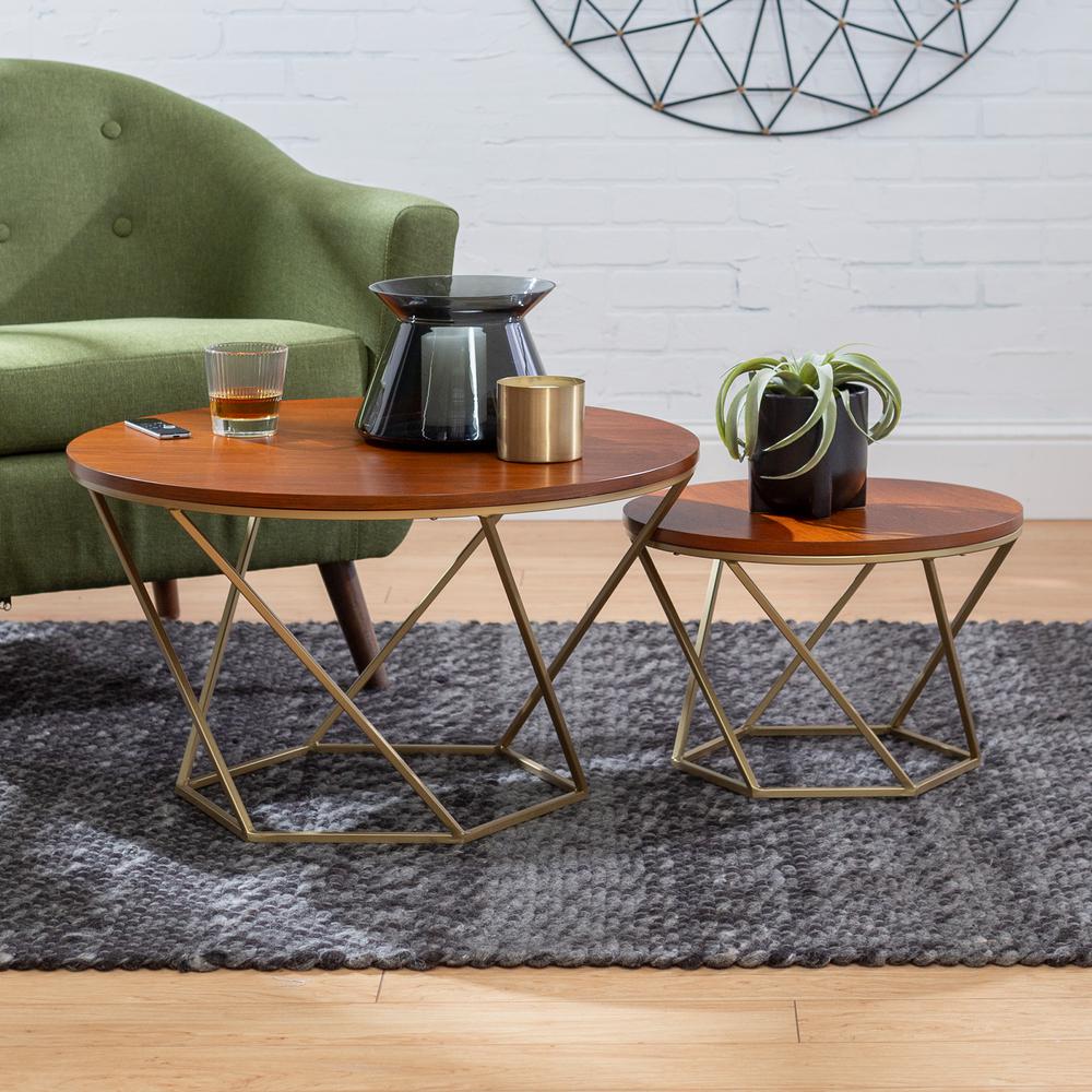 Round Coffee Table/Center Table with Teak Colour Top and Metal Legs