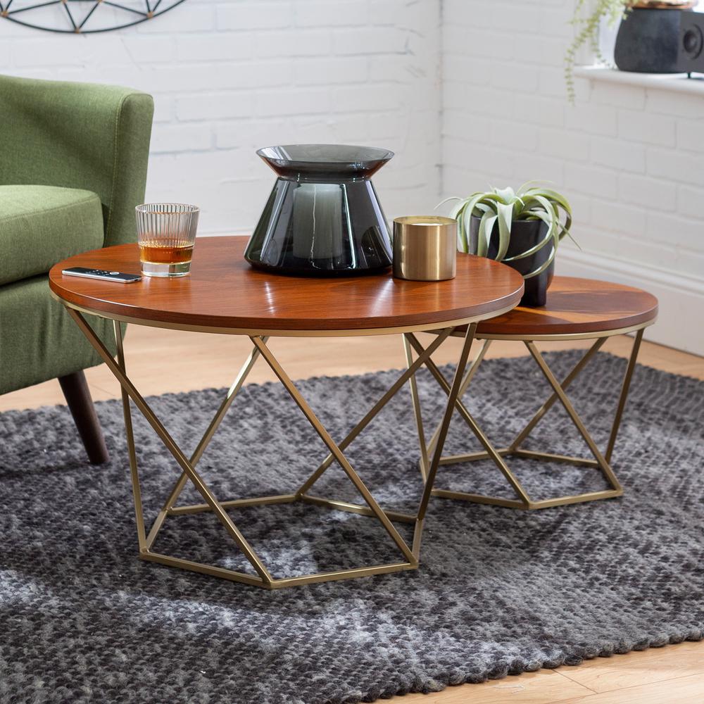 Round Coffee Table/Center Table with Teak Colour Top and Metal Legs