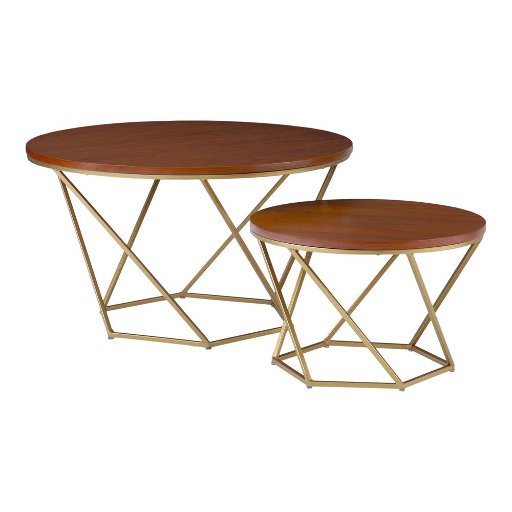 Round Coffee Table/Center Table with Teak Colour Top and Metal Legs