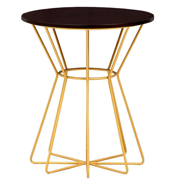 Round Side Table with Wooden Top and Metal Frame