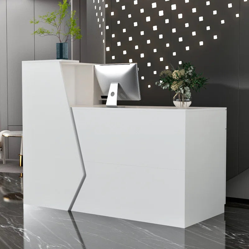 Reception Table for Office L Shape Front Counter Desk Made in Particle Board with Keyboard Tray, Multi Book Self and Openable Shutter & White Color