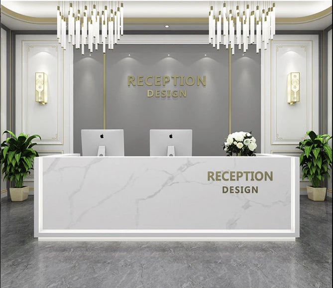 Reception Table for Office Luxury Modern Counter Stylish Design Made in MDF with Marble Pattern and drawer Keyword tray and CPU Space and Openable Storage - White Color