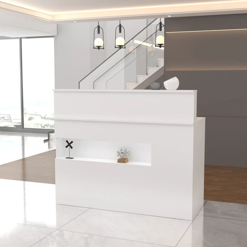 Reception Table for Office Front Counter Desk Made in Particle Board with Keyboard Tray and Drawers, Openable Shutter- White Color