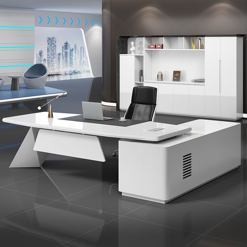 Luxury Director L-Shape Office Table Desk Made in MDF with Wire Manager Drawers Lockable and Storage for a Modern Workspace - White