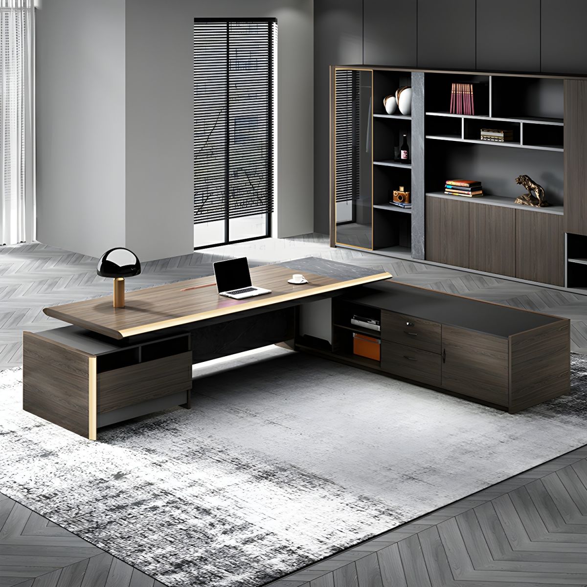 Director & Executive L-Shape Office Table Luxury Desk Made in MDF Side Unit Drawer and Storage Wire Manager - Wenge Brown