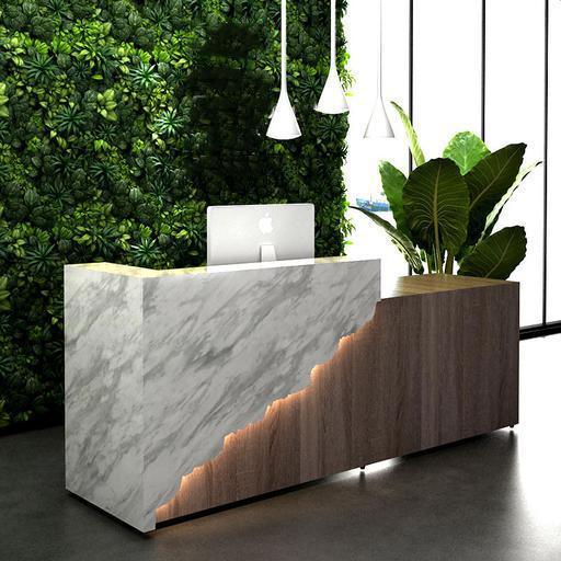 Reception Table for Office Luxury Modern Counter Stylish Design Made in MDF with Marble Pattern and Ample Storage & Openable Storage -White & Brown