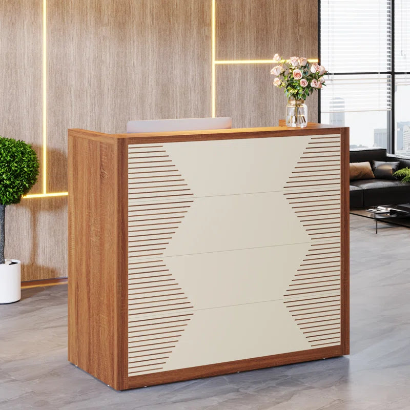 Reception Table for Office Front Counter Desk Made in Particle Board with Cable Management- Brown & White