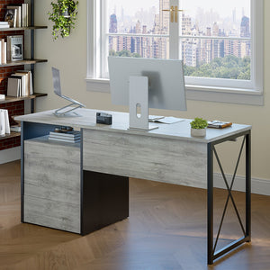 Office Computer Desk Made in Particle Board with Metal and Keyboard Tray, 3 Drawers Retro Gray Oak Light