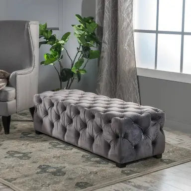 Ottoman in Fabric Upholstery & Wooden Base