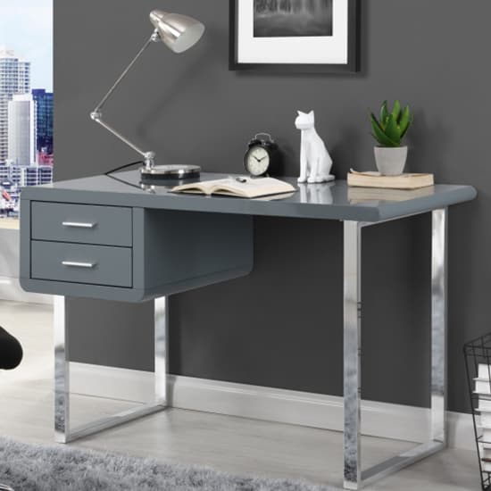 Home and Office Computer Table High Gloss Desk in Grey With Chrome Legs