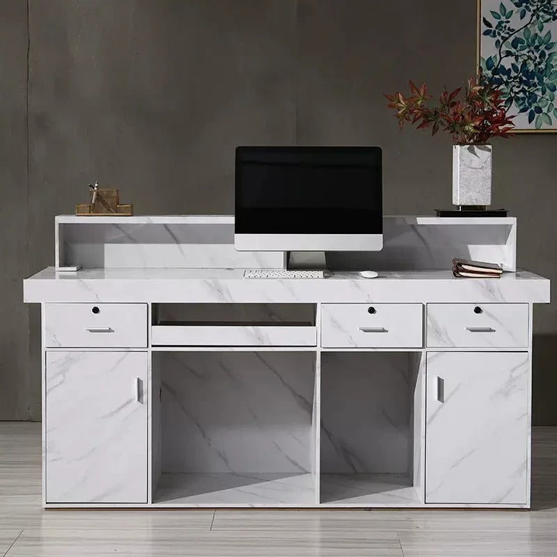 Reception Table for Office Luxury Modern Counter Stylish Design Made in MDF with Keyboard Tray And Drawers & Ample Storage CPU Space - White Color