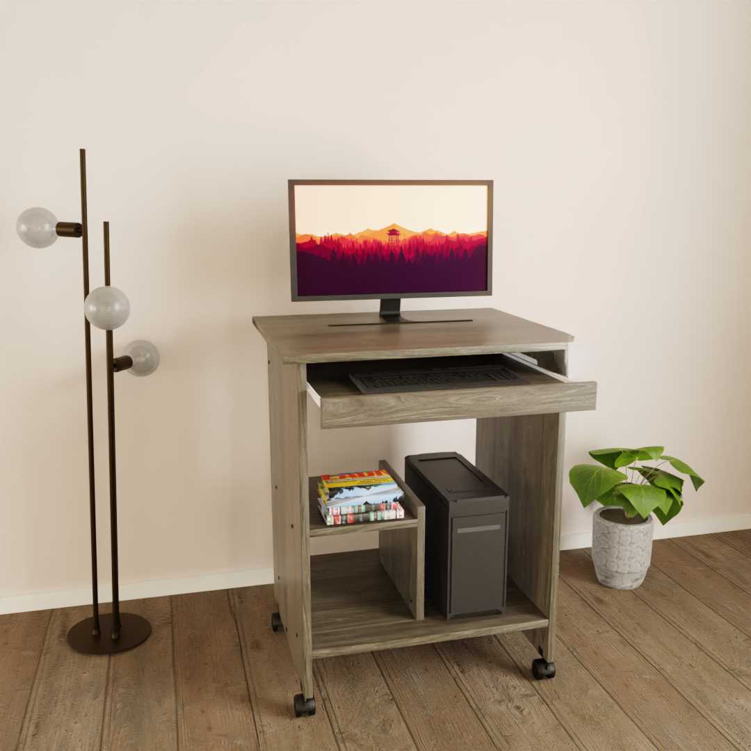 Office Computer and Study Table Made In Particle Board, Keyboard Tray and Cpu Space With Wheel Base - Grey