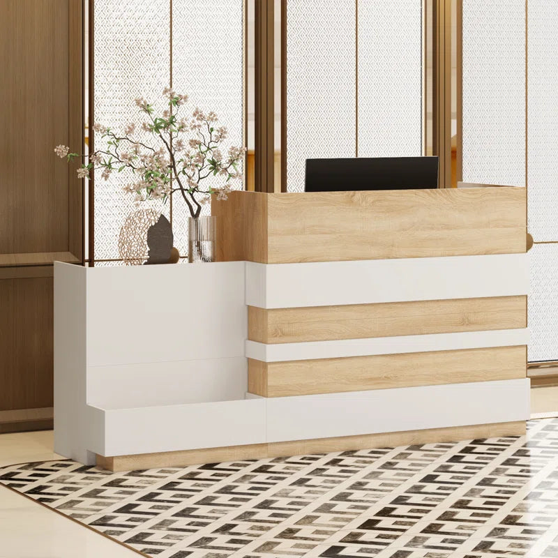 Reception Table for Office & Front Counter Desk Made in Particle Board with Keyboard Tray and Drawers & Openable Shutter- Brown Color