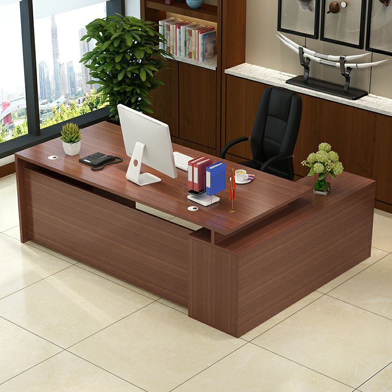 Director & Executive L-Shape Office Table Modern Luxury Desk Made in Particle Board with Side Unit Drawer, Storage, Wire Manager & CPU Storage - Brown