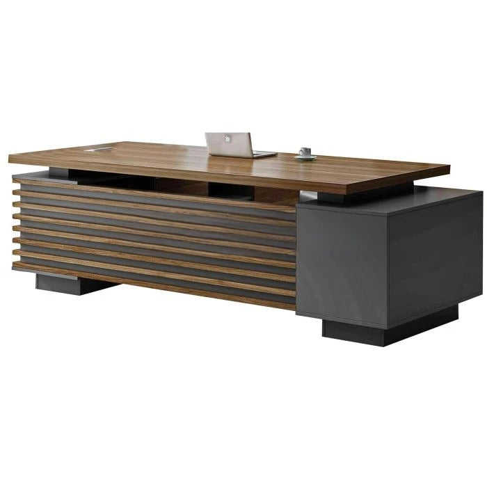 Director and Executive L-Shape Office Table Made in Particle Board with Side Unit Storage & Drawer, Wire Manager & CPU Storage - Brown