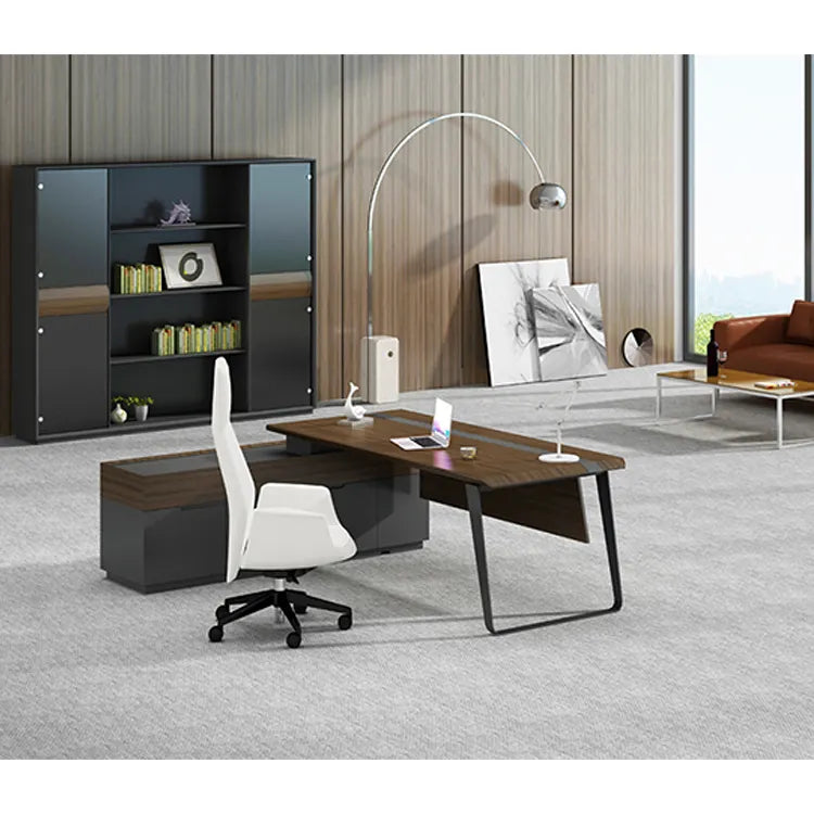 Director L-Shape Office Table and Executive Desk Made in Particle Board/ MDF/Plywood with Side Unite and Wire Manager Office Table Brown Color