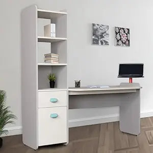 Office Computer Table with Drawer & Cabinet – Stylish PC & Laptop Workstation for with Extra Storage Space for Books, Stationery, and More – White Color