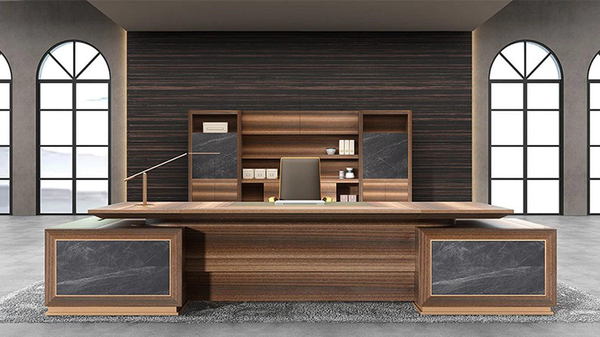 Director & Executive L-Shape Luxury Office Table with Modern Desk Design, Featuring Drawer and CPU Space, Stylish and Elegant Walnut Finish for a Sophisticated Workspace