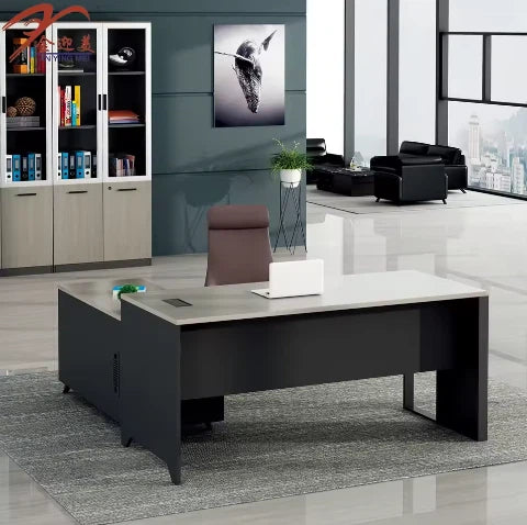 Director & Executive L-Shape Office Table Modern Desk Made in MDF with Side Unit Storage & Drawer & Wire Manager - Bamboo +Iron Gray