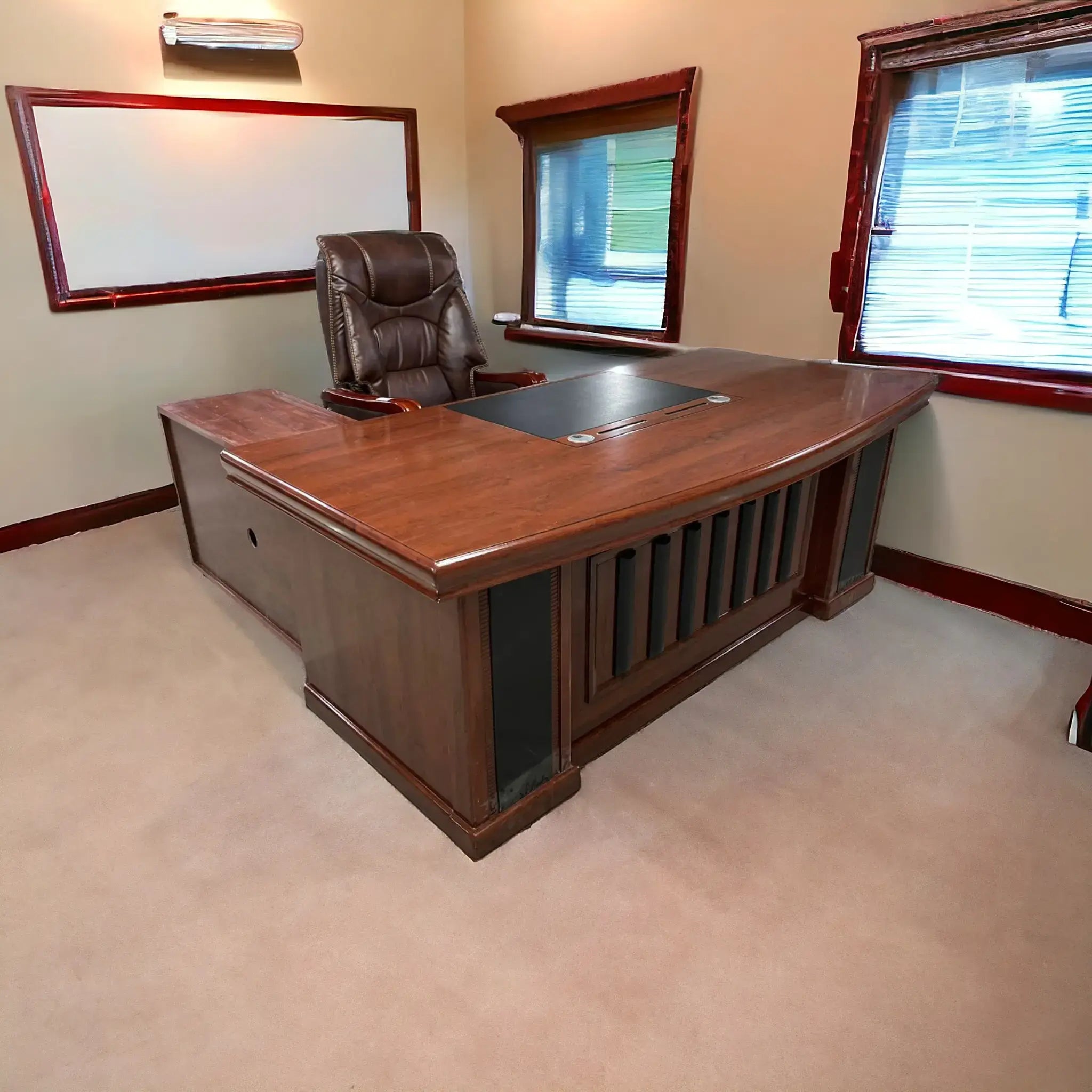 Director and Executive L-Shape Office Table Modern Desk Made in Plywood with Veneer Side Unit Storage & Drawer, Wire Manager & CPU Storage - Brown