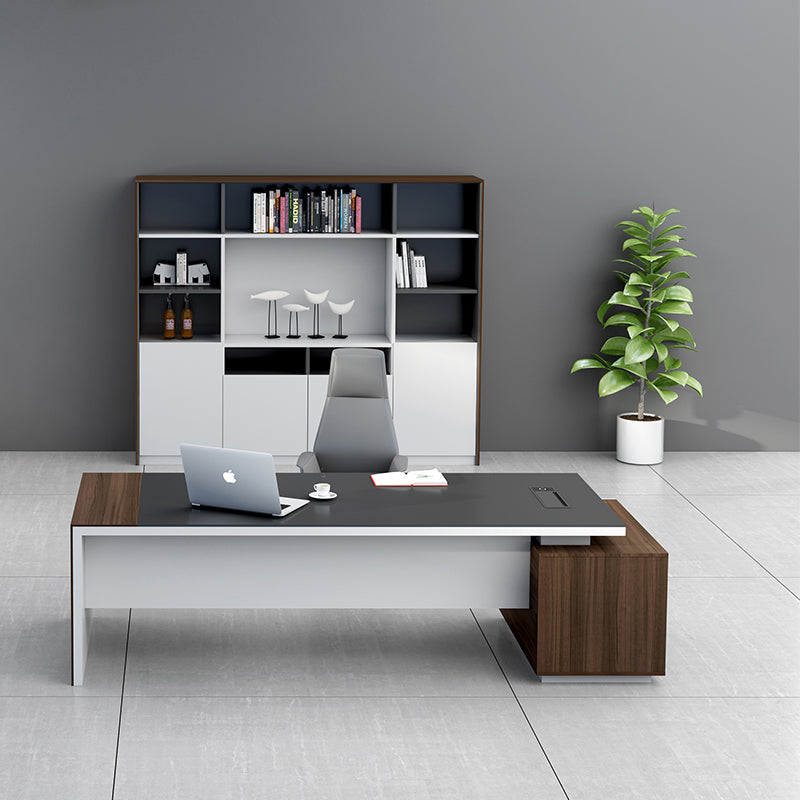 Director L-Shape Office Table Luxury Desk Made in Plywood with Drawer, CPU Storage, Desk Return, and Organized Wiring System - Drak Brown