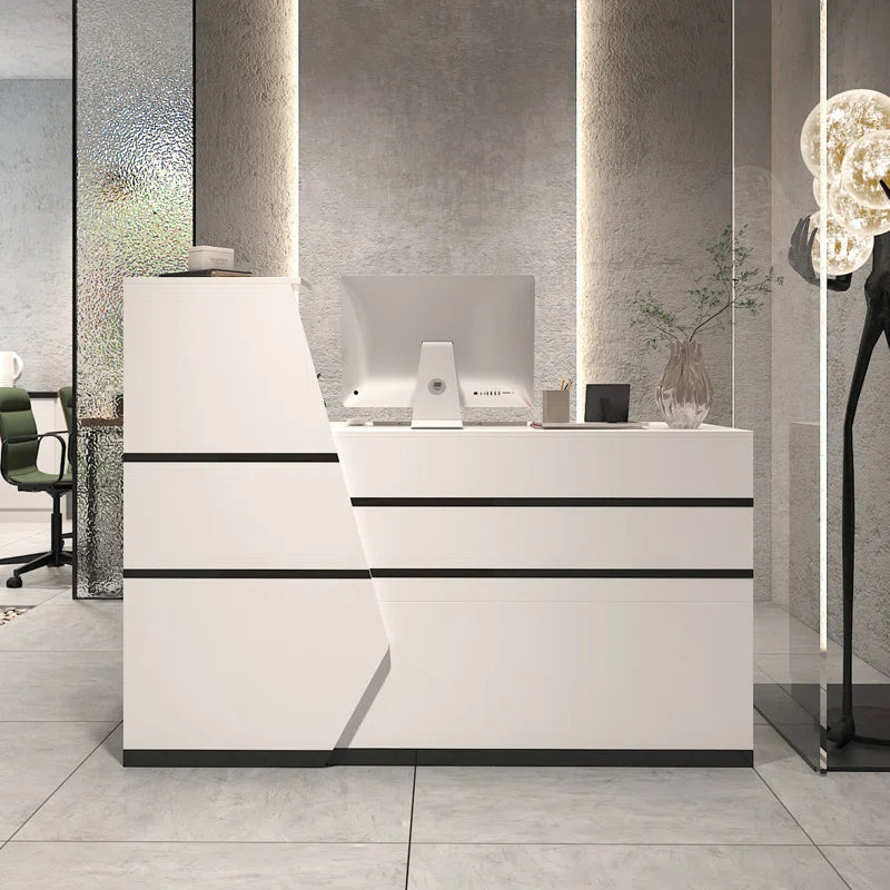 Reception Table Office Stylish and Functional for L Shape Front Counter Desk Made in Particle Board with Keyboard Tray and Drawers, Openable Shutter- White Color