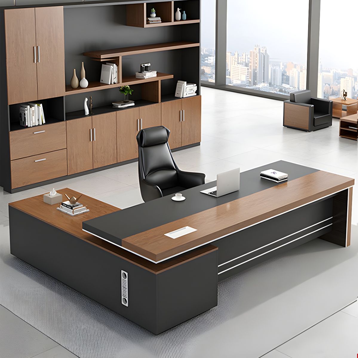 Director & Executive L-Shape Office Table Luxury Desk Made in MDF with Side Unit Drawer and Storage Wire Manager - Brown