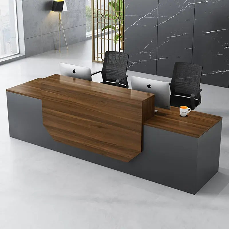 Reception Table for Office Luxury Modern Counter Made in Particle Board and Pedestal & Round Wire Manager- Grey & Brown