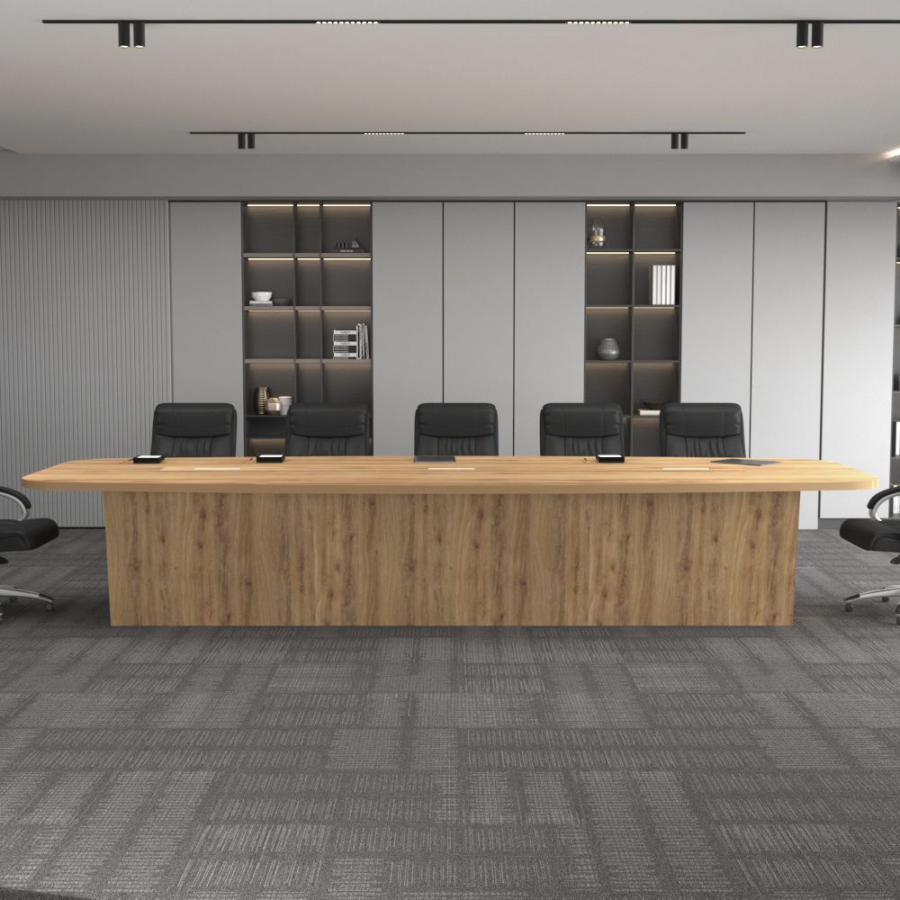 Conference Table, Meeting Room Table Furniture with Three Pop-up Boxes in Wood Brown Top and Base Made in Plywood with Post-laminate (14 x 5 ft.).