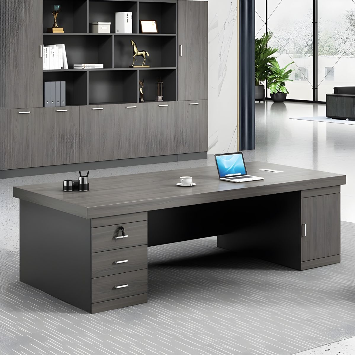 Director & Executive Rectangular Office Table Modern Desk Made in Particle Board with Drawer and Wire Manager - Brown