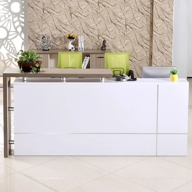 Reception Table for Office Counter Stylish Design Made in Particle Board and Multi Drawers & Round Wire Manager Openable Shutter- White Color