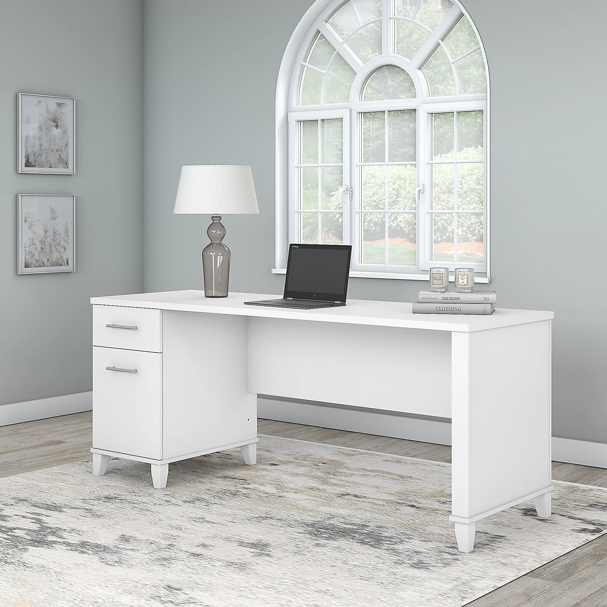 Office Computer Table made in Engineered wood with Drawers and Wire Management Grommet- White