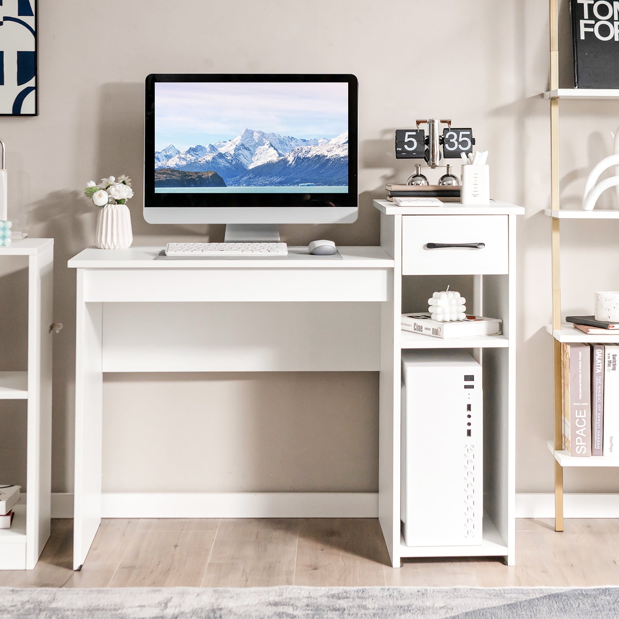 Office Computer table made in Particle Board with Drawer and cpu space, Shelf case  - white color