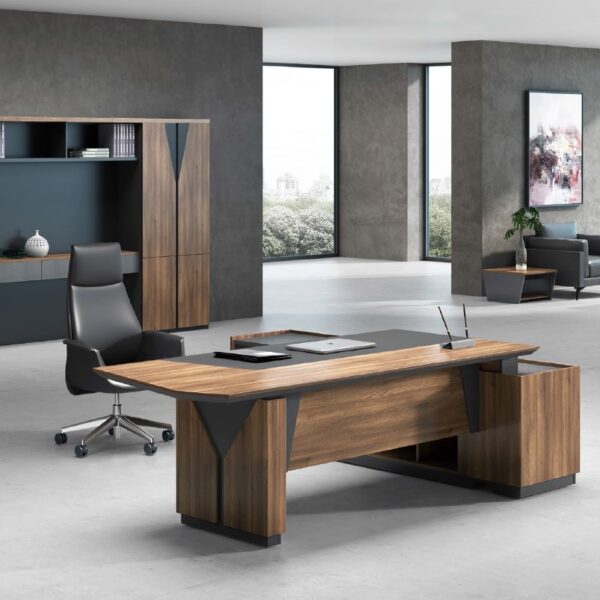 Director &amp; Executive L-Shape Luxury Office Table with Modern Desk Design, Featuring Drawer and CPU Space - Brown