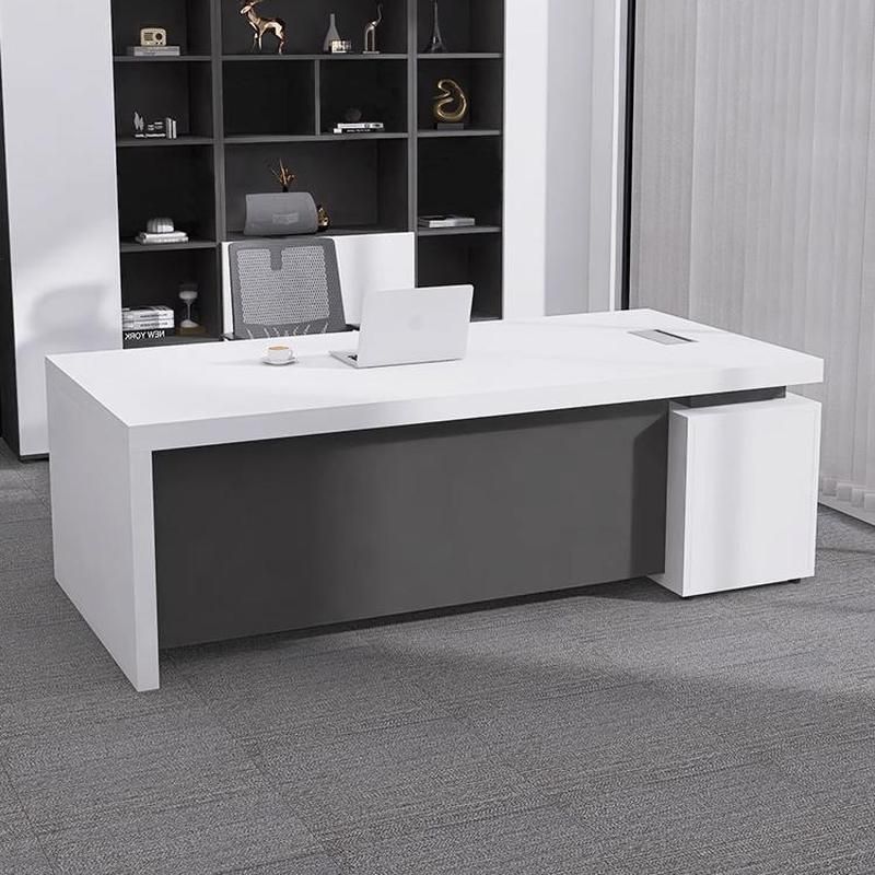 Director & Executive Rectangular Office Table Luxury Desk Made in Particle Board with Drawer and CPU Storage, Wire Manager - White