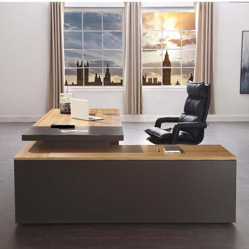 Director & Executive L-Shape Office Table Luxury Desk Made in Particle Board with Side Unit Drawer, Storage, Wire Manager & CPU Storage - Brown