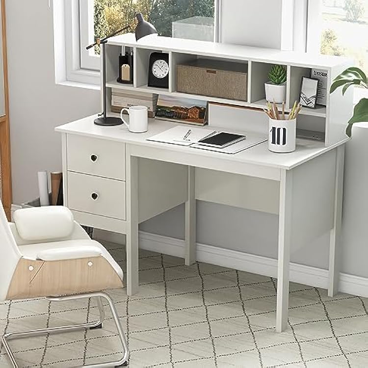 Office Computer Table made in Particle Board with Drawers and Storage Rack & 6 Support Legs with Anti-slip Foot Pads add Overall Stability