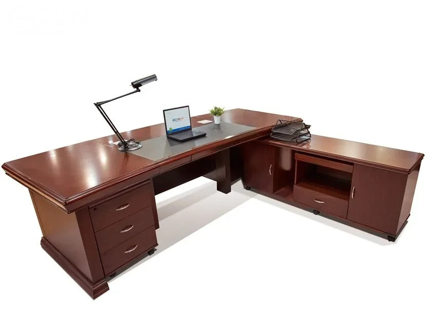 Director & Executive L Shape Luxury Office Table Modern Desk with Drawer and CPU Space & Stylish Design - Red Brown