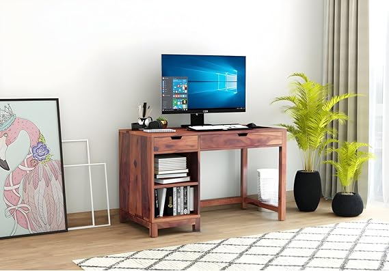 Office Computer Table Made in Solid Wood with 2 Drawers & Open Shelf Storage – Brown Finish