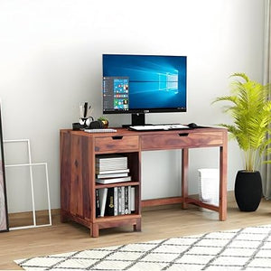 Office Computer Table Made in Solid Wood with 2 Drawers & Open Shelf Storage â€“ Brown Finish