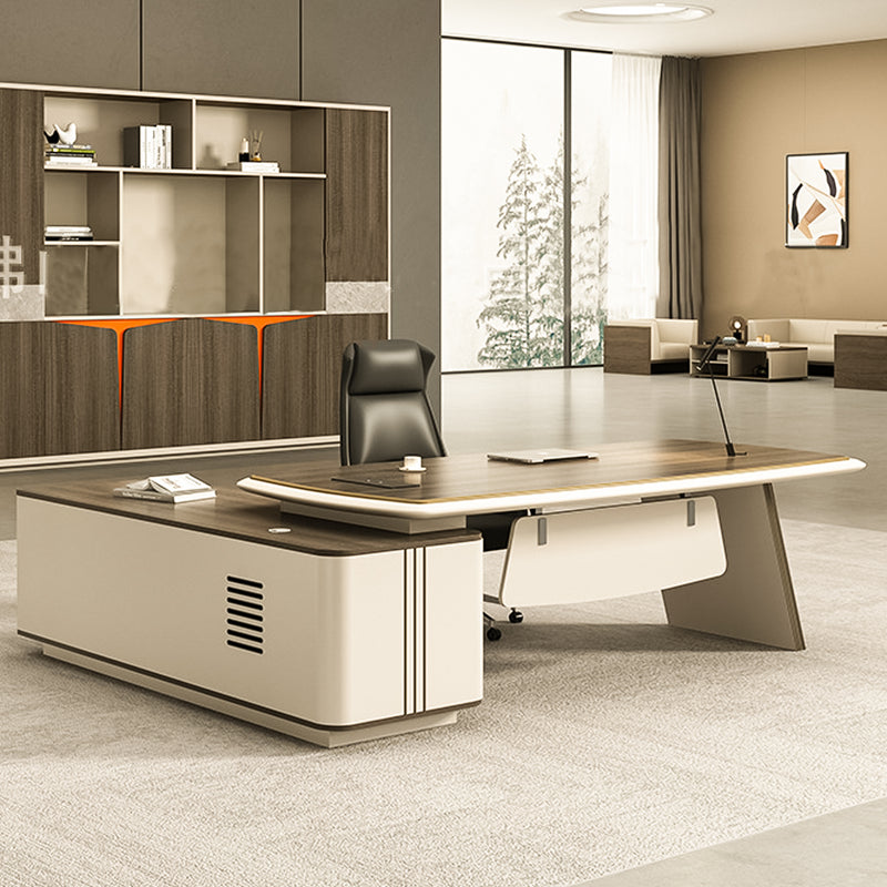 Director L-Shape Office Table Luxury Desk with Multi-Function Ports Functional Hettich & Blum Hardware Drawers and Ample Storage - Beige and Dark Brown