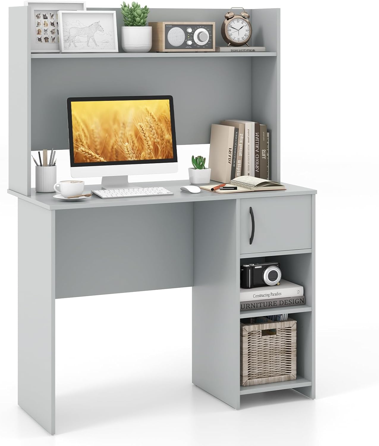 Home and Office Computer Table made a Particle Board with Hutch & Bookshelf, Adjustable Shelf- Grey Color