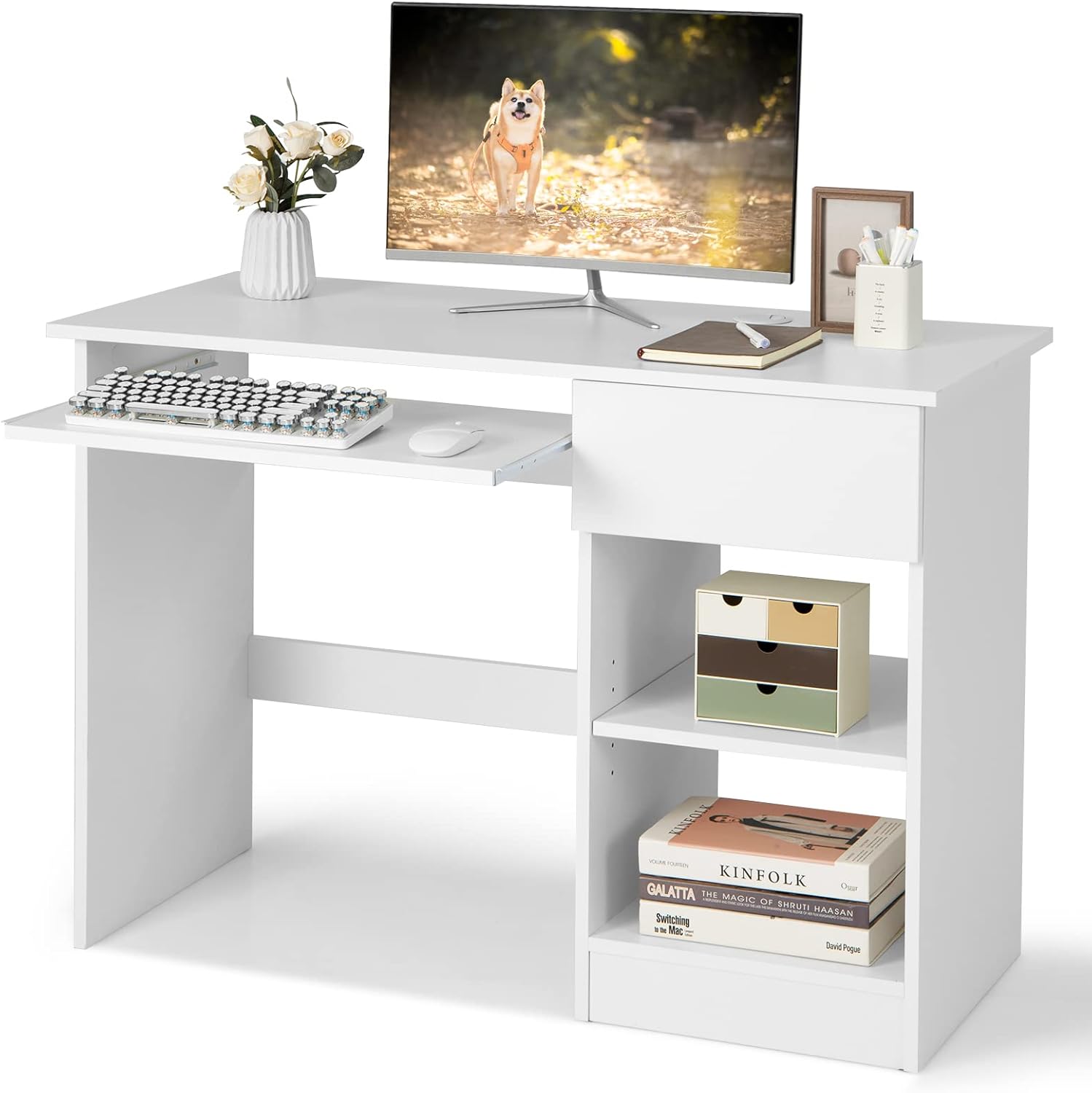 Home and Office Computer Table made a Particle Board with Keyword Tray & Bookshelf, Adjustable Shelf- White Color