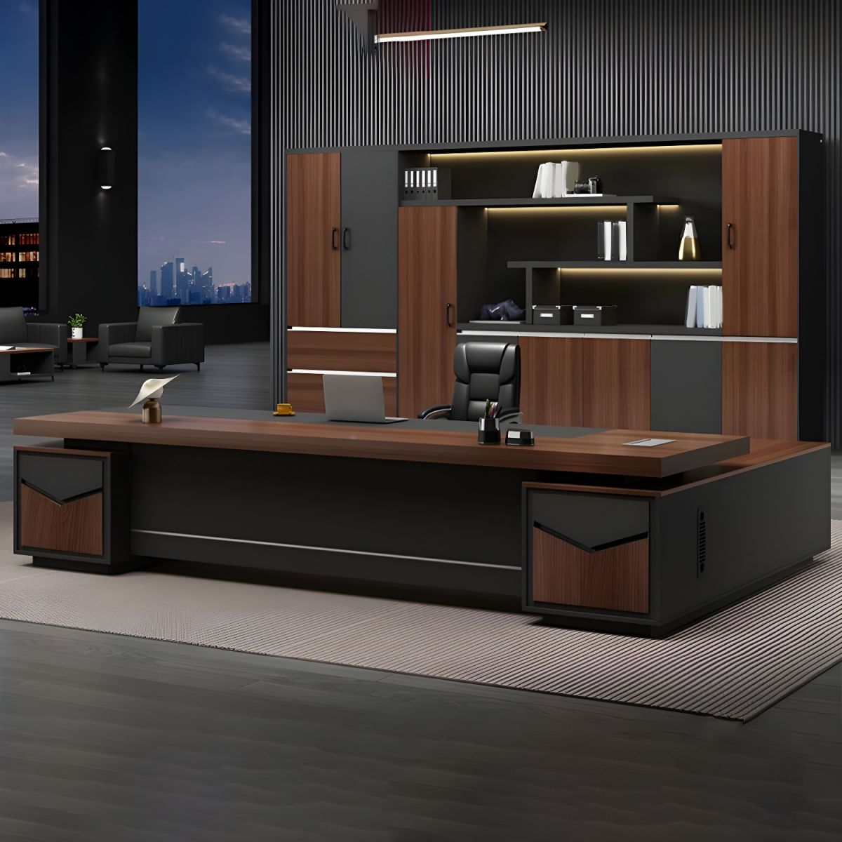 Director & Executive L-Shape Luxury Office Table Modern Desk with Cable Management, Drawer and CPU Storage - Brown