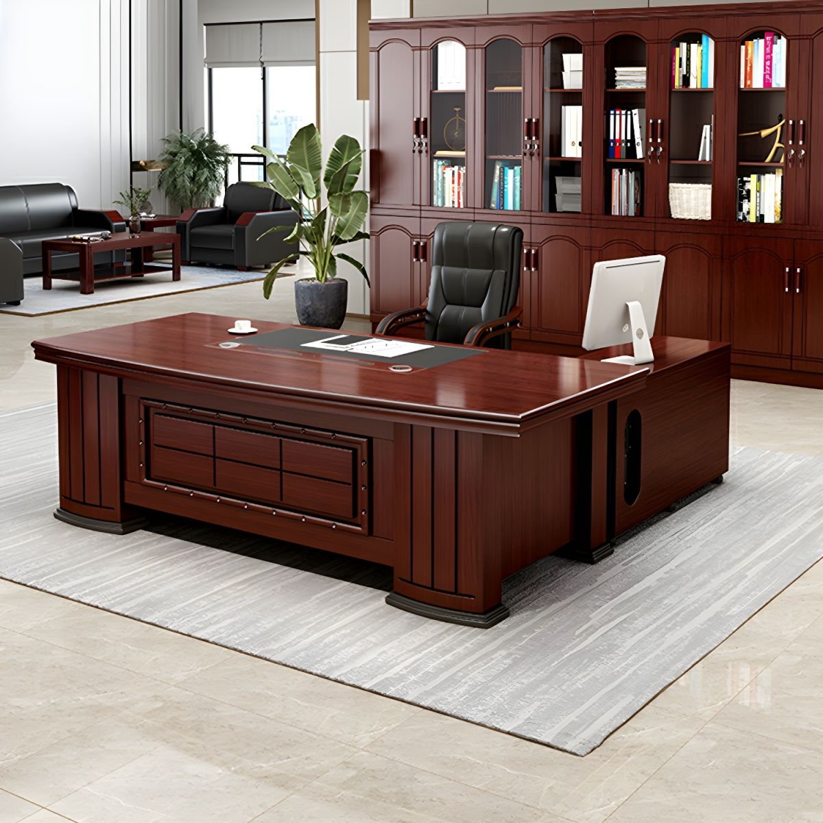 Director & Executive L-Shape Office Table Modern Desk Made in Plywood with Veneer Side Unit Storage & Drawer, CPU Storage & Wire Manager - Red